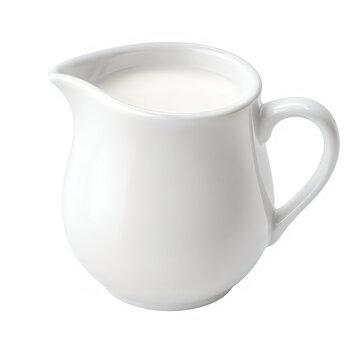 White ceramic milk pitcher filled with fresh dairy, porcelain creamer jug for coffee service, elegant kitchenware for breakfast table isolated on White Background ai