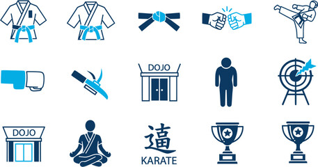 Martial arts icons depict various karate training activities and symbols in a dojo setting. © uzumaki