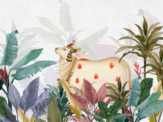 tropical leaves with cow background mandir wallpaper © kalakarilife