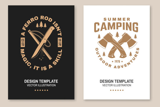 Vintage Survival Poster Set. Camping and Outdoor Adventure Vector Illustration with Ferro Rod and Axes