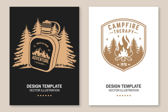 Vintage Camping Poster Set. Adventure Flask and Campfire Therapy Outdoor Vector Illustration