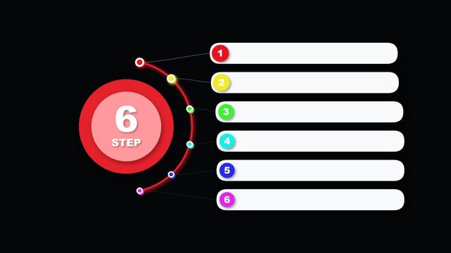 6 step infographic process diagram with colorful bullet points and text placeholders
