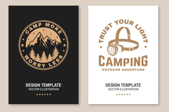 Vintage Camping Poster Bundle. Mountain Adventure and Headlamp Outdoor Vector Design Set