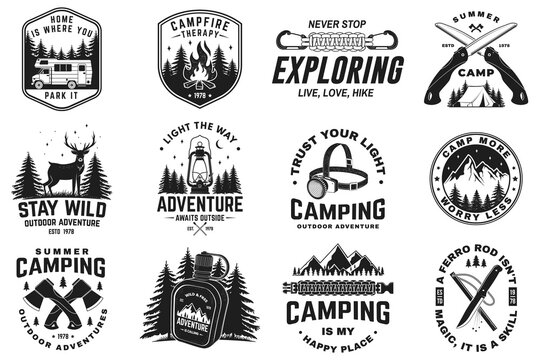 Vintage Camping Badge Collection Vector Set. 12 Outdoor Adventure Emblems with Campfire, Lantern, Mountain, Hiking and Survival Designs