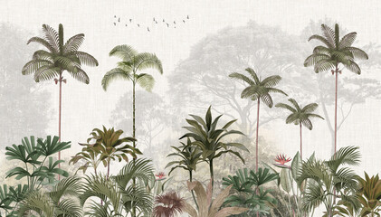 Tropical Trees Palm Botanical White Tone Mural Wallpaper © kalakarilife