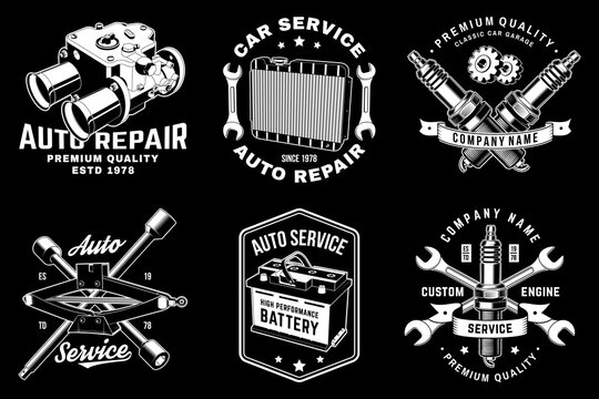 Vintage Auto Repair Badge Collection Vector Set with Carburetor, Radiator, Spark Plugs, Battery and Classic Garage Service Emblems