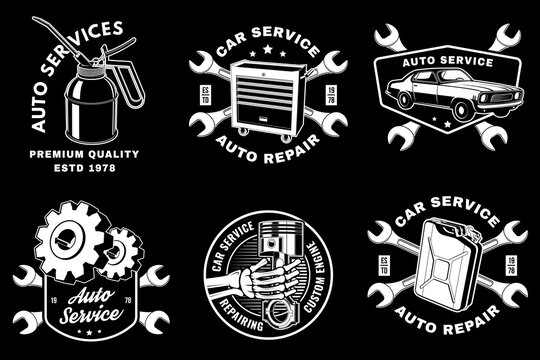 Vintage Garage Service Badge Vector Collection Featuring Oil Can, Radiator, Fuel Can, Engine Parts and Automotive Repair Workshop Emblems