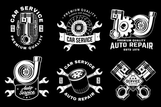 Performance Garage Badge Collection Vector Set Featuring Turbocharger, Pistons, Oil Filter, Clutch, Engine Parts and Automotive Repair Emblems