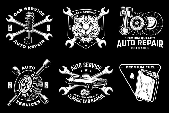 Classic Auto Repair Badge Vector Set with Suspension, Tire, Wheel, Fuel Can, Muscle Car and Vintage Garage Service Logo Designs