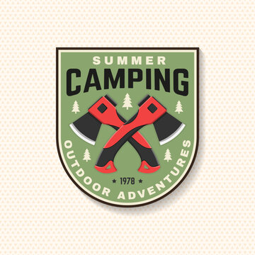 Vintage Summer Camping Sticker Vector Badge. Outdoor Adventure Emblem with Crossed Axes and Forest Illustration