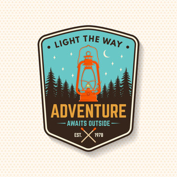 Vintage Adventure Lantern Sticker Vector Badge. Outdoor Camping Emblem with Forest Night Landscape Illustration