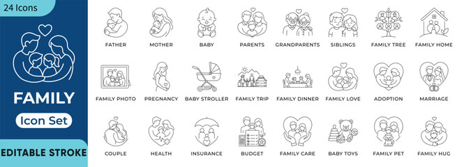 Fototapeta premium Family life and relationship icons set. Parenting and household line icons. Editable parents, baby, grandparents, pregnancy and family tree. Vector illustration