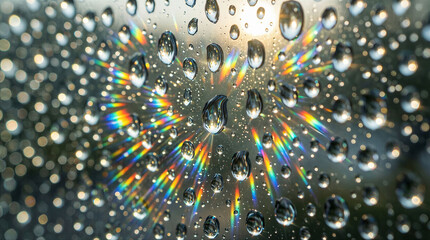 Naklejka premium Water droplets on a surface catch sunlight and form small rainbows. The scene shows a bright day with sparkling colors from the droplets.