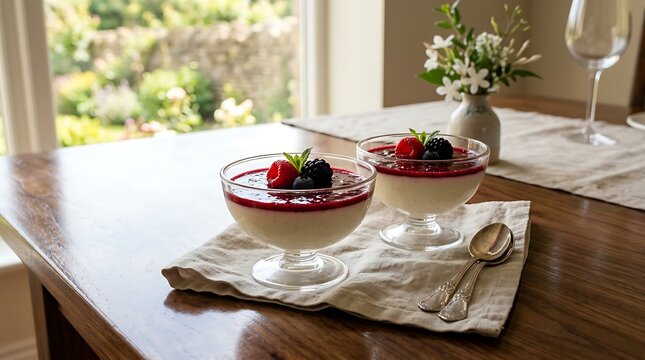 Vanilla Panna Cotta with Berry Coulis and Fresh Fruits