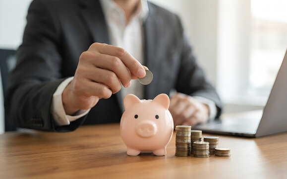 retirement, earnings, financial, loan, economic, finance, wealth, piggy bank, assurance, future. A person is putting coins into a piggy bank. Concept of saving money and being financially responsible.