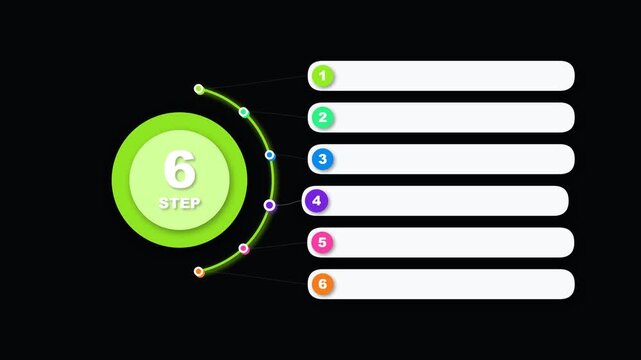 Six step infographic timeline with colorful circular markers and text placeholders