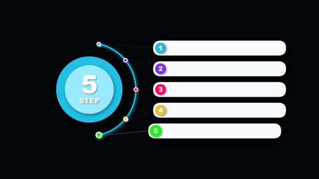 Five step infographic template with colorful circular markers and text boxes
