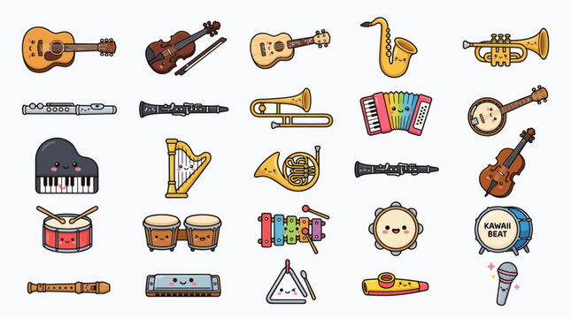 Collection of musical instruments with faces