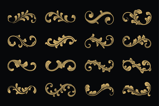 Golden arabesque decorative elements featuring baroque filigree, rococo flourishes, Victorian ornaments, and elegant vintage vector illustration