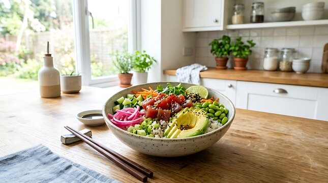 Fresh Tuna Poke Bowl with Avocado and Vegetables on Kitchen Counter
