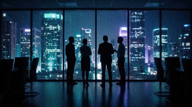 A diverse group of professional business people standing together in formal suits while having a strategic meeting on transparent background