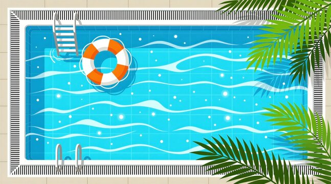 Top view of refreshing blue swimming pool with clear water ripples. Orange white inflatable ring floats in basin near metal ladder. Tropical palm tree leaves create shadows on pool edge. Relaxing