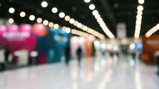 Blurred view of a busy exhibition hall featuring bright glowing lights and people walking around on transparent background