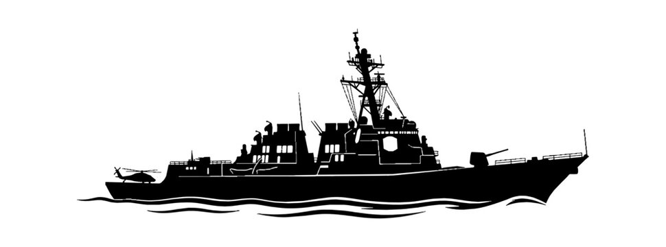 Black silhouette of a military navy warship destroyer vessel sailing on the ocean waves isolated on transparent background, Vector
