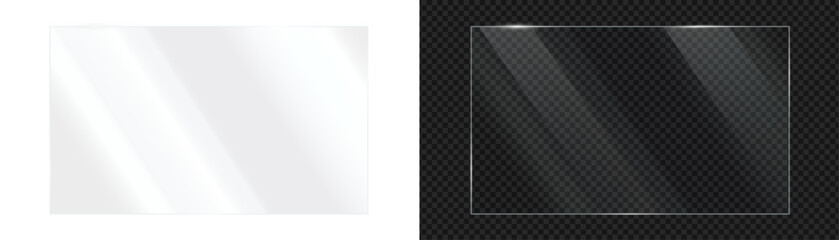 Fototapeta na wymiar Rectangle transparent clear glass panel sheet overlay texture with realistic glossy light glare reflection effect isolated on transparent png for modern design mockup