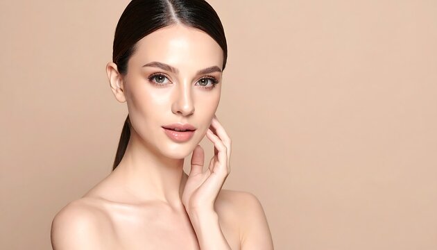 A woman with dark hair and bare shoulders touches her face