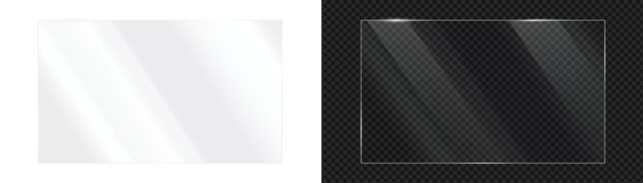 Rectangle transparent clear glass panel sheet overlay texture with realistic glossy light glare reflection effect isolated on transparent png for modern design mockup