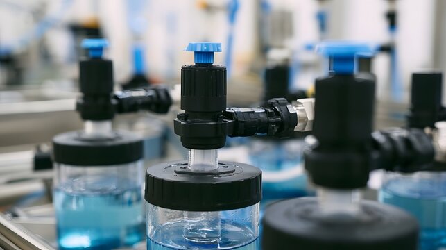 Close up of industrial fluid handling equipment with transparent containers and blue topped valves on a production line