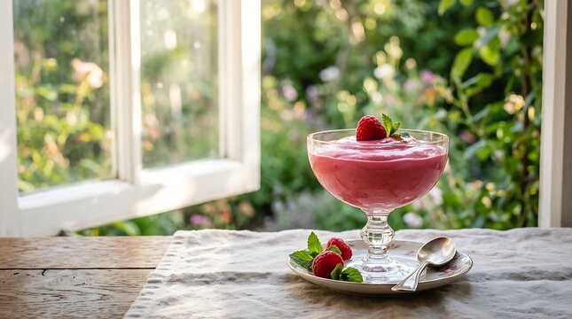 Fresh Raspberry Mousse Dessert in Glass Bowl by Sunny Window