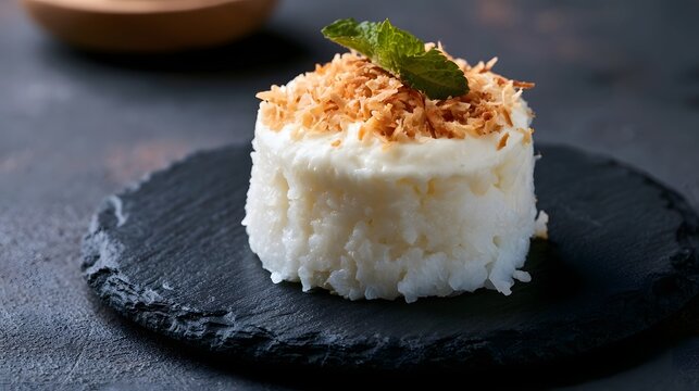 A single portion of creamy white rice dessert topped with toasted coconut flakes and fresh mint leaf on a dark slate plate