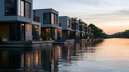 Obraz premium Modern floating homes line a calm river at sunset reflecting warm lights on water surface