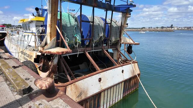Walking Along Deck of Traditional Fishing Trawler in Brittany France