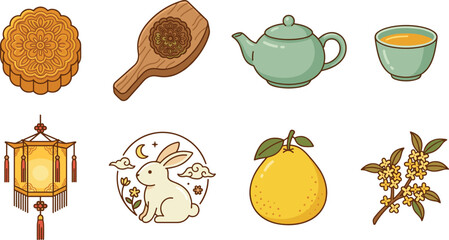 Mid Autumn Festival Icon Set with Mooncake Wooden Mold Teapot Lantern Jade Rabbit Pomelo and Osmanthus Vector © Rimu