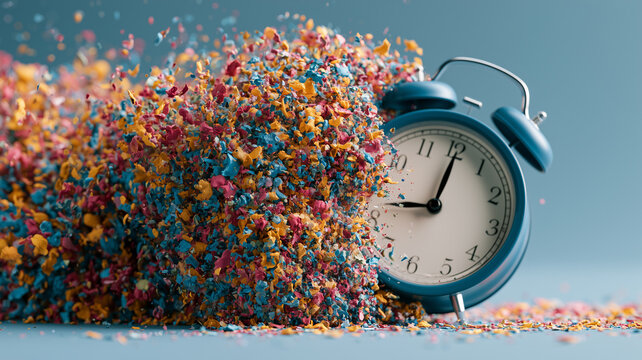 Vintage Alarm Clock Exploding into Colorful Confetti Time Concept
