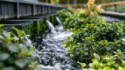 Naklejka premium Water cascades through lush green plants in a constructed wetland system designed for natural wastewater filt n