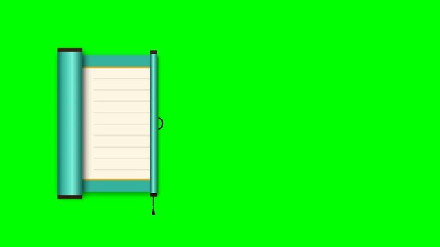 Traditional chinese scroll paper unrolling on a vibrant green screen background