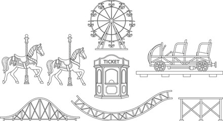 Amusement park rides vector icons set with ferris wheel carousel and roller coaster line art © IconicCreations