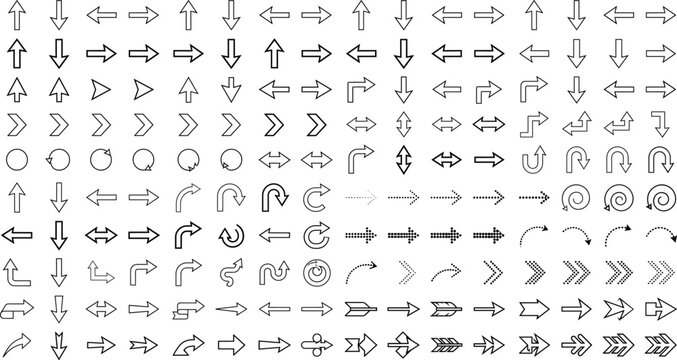 Arrow vector icons mega set with pointing cursor directions navigation line art symbols