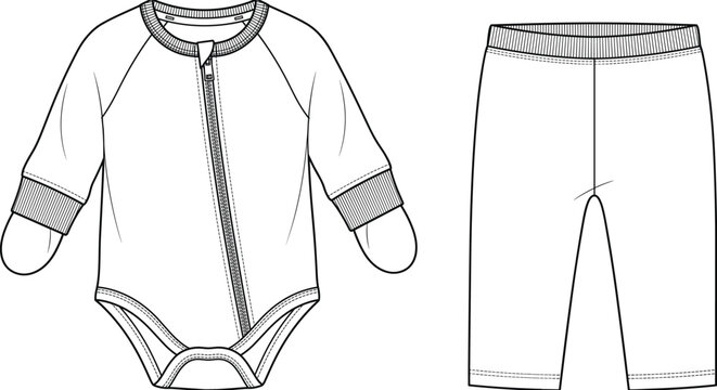 Baby pajama bodysuit and pants fashion technical sketch vector set template line art