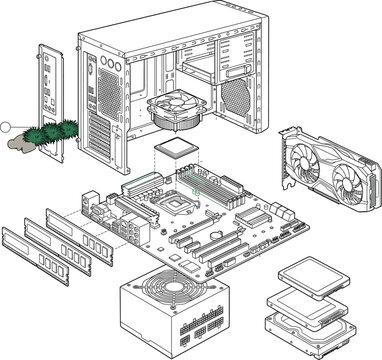 Desktop computer hardware exploded view vector schematic diagram illustration with motherboard and graphics card