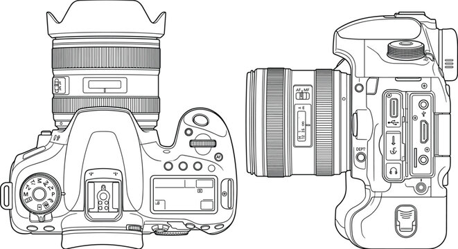 Digital SLR camera technical vector layout template top and side view line art illustration