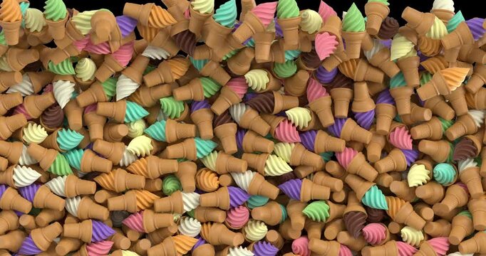Colorful ice cream cones move horizontally across the screen, creating a playful dessert-themed transition. Includes 4K resolution with alpha channel.