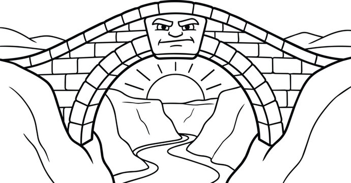 Line art stone arch bridge with a carved face keystone over a winding river valley