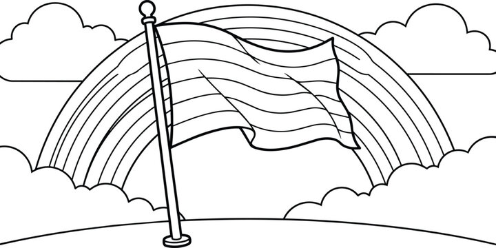 Vector art line drawing rainbow flag on pole with clouds landscape