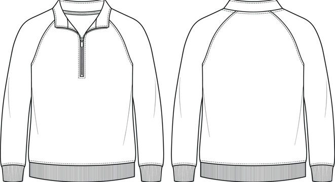 Quarter zip sweatshirt technical fashion sketch vector front and back views template line art