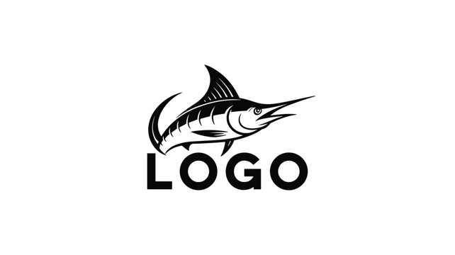 Black and white logo featuring a jumping marlin fish above the word logo, representing fishing, marine life, and sports clubs.